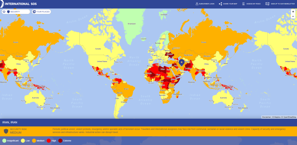 international sos risk map , iran